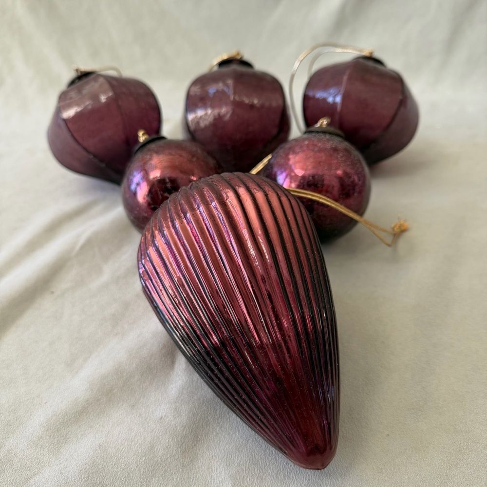 Purple Blown Glass Kugel Ball Christmas Ornament Set Of 6 - Picture 2 of 9